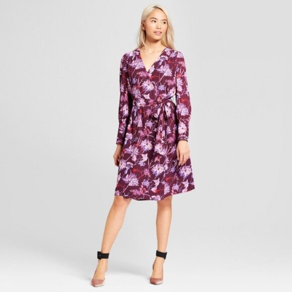 Nwt Who What Wear Purple Floral Wrap Dress - Picture 1 of 16